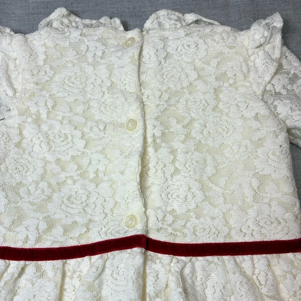 Janie and Jack Baby Girls Ivory Lace Long Sleeved Dress Red Bow 18-24 Months